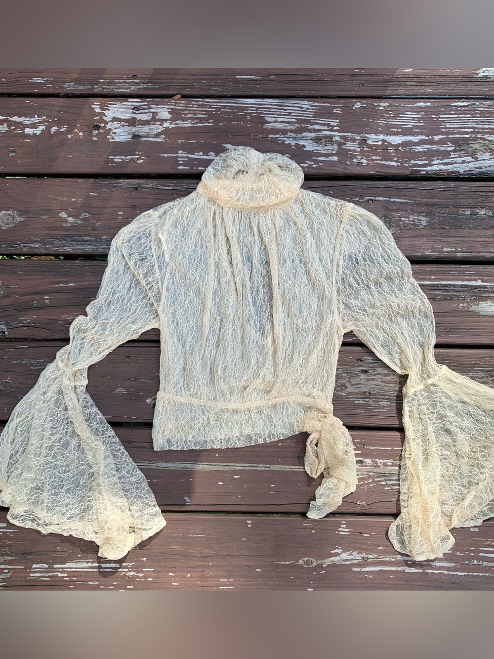 Free People Sheer Cream Lace Long Sleeve Tie-Waist Top Size XS